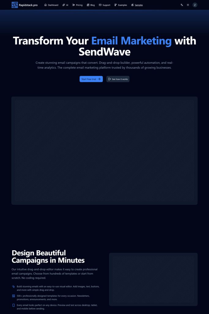 Landing 6 landing page template - dark mode preview